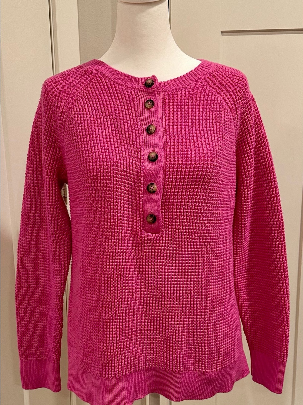 J Jill Pink Waffle Knit Henley Sweater Womens Medium Cotton Blend Long Sleeve